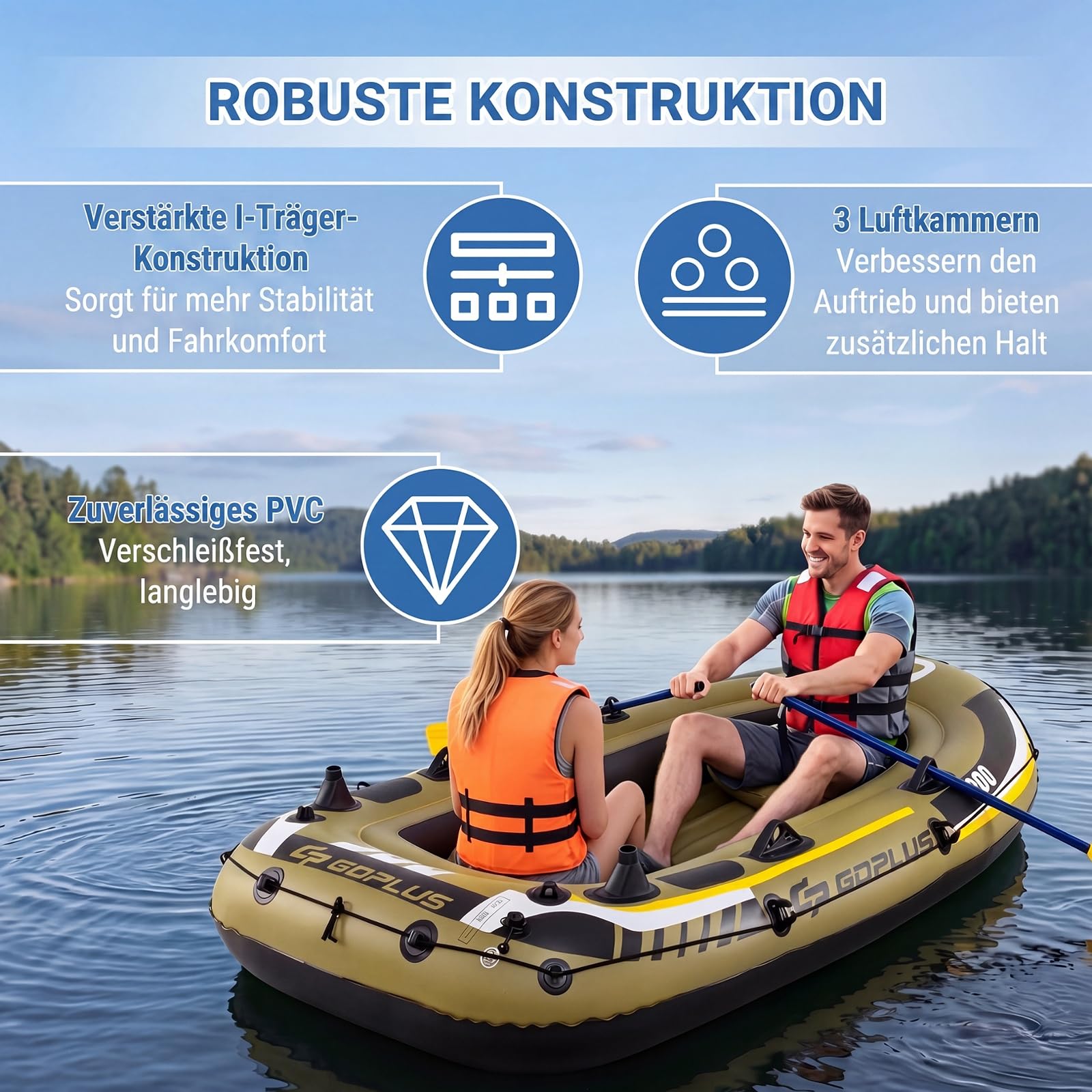 COSTWAY Schlauchboot für 2 Personen, aufblasbares Boot mit 2 Paddeln, Handpumpe, Fischmaßbändern & Angelrutenhaltern, 252 x 125 x 40 cm