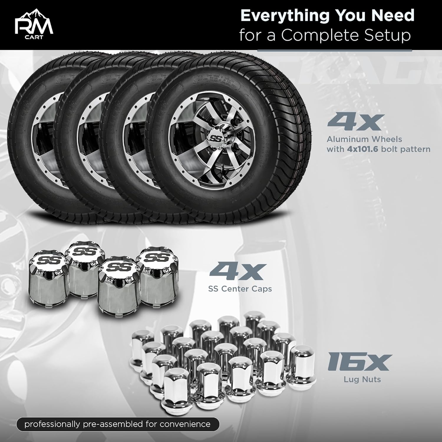 RM Cart 10" Maltese Cross Black/Machined on 205/65-10 LSI Elite 4 Ply Tires (Set of 4) | Golf Cart Tires and Wheels Combo with Standard Lug Nuts