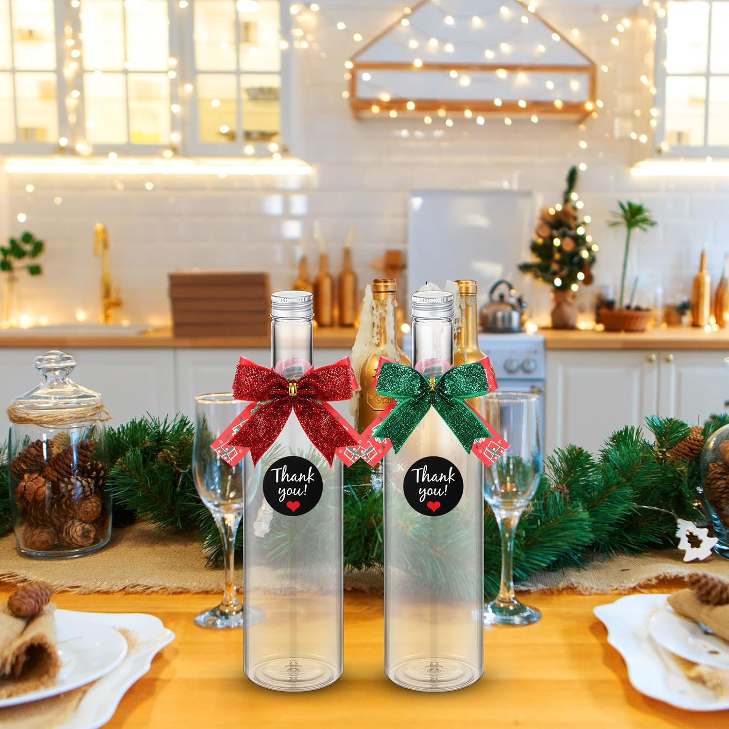 Baderke 6 Sets Christmas Plastic Wine Bottles 750ml with Caps Thank You Stickers Christmas Botellas Para Coquito Bottles Holiday Xmas Empty Brewing Wine Bottle for Kitchen Bar Party New Year(Classic) - Image 6