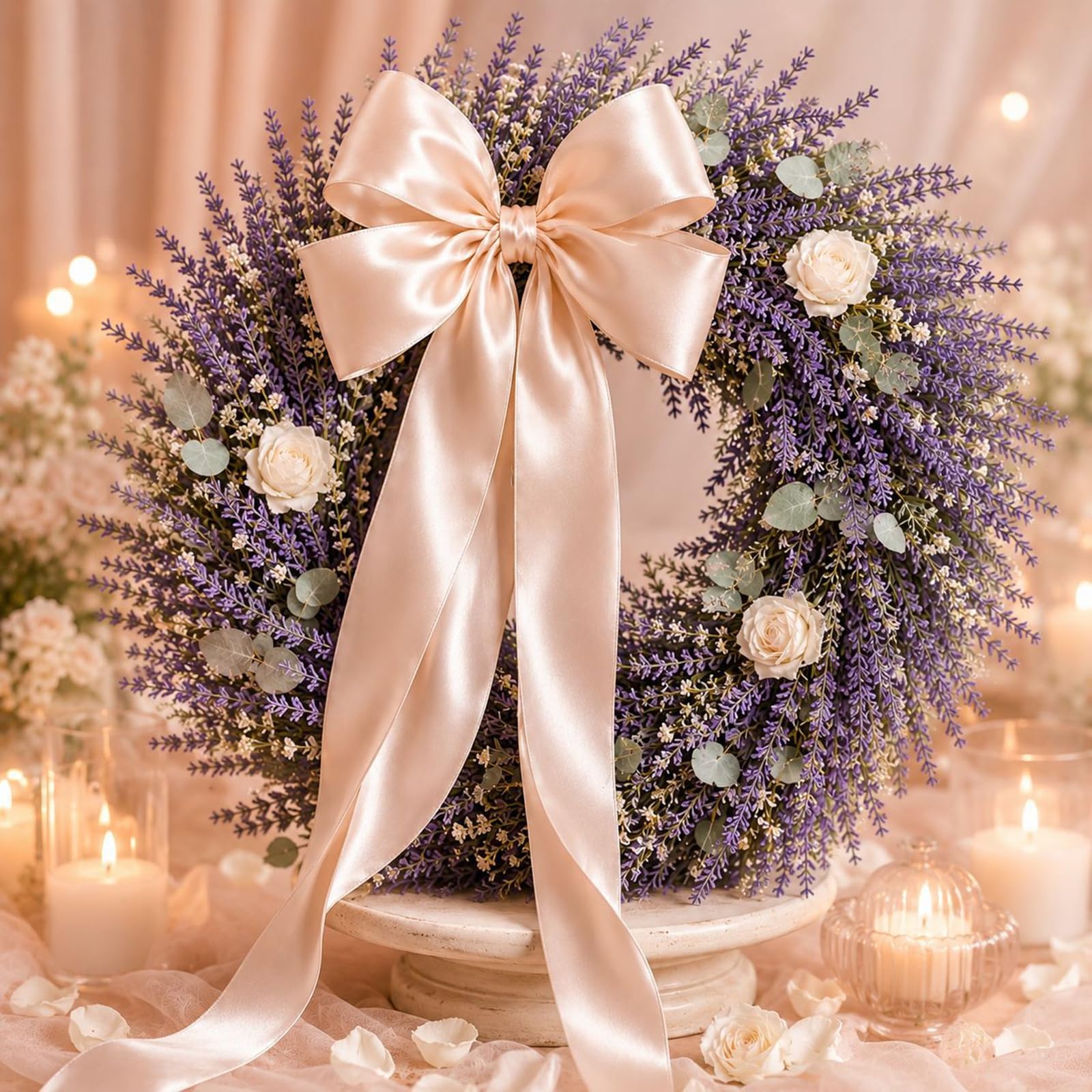 Künstlicher Lavendelkranz, 45/50 cm Lavendel Weiße Rosen Türkranz, Türkranz Ganzjährig, Dekokranz für Haustür Hochzeit Party Garten Tür Fenster Kamin Wand, 18 inch (50cm)
