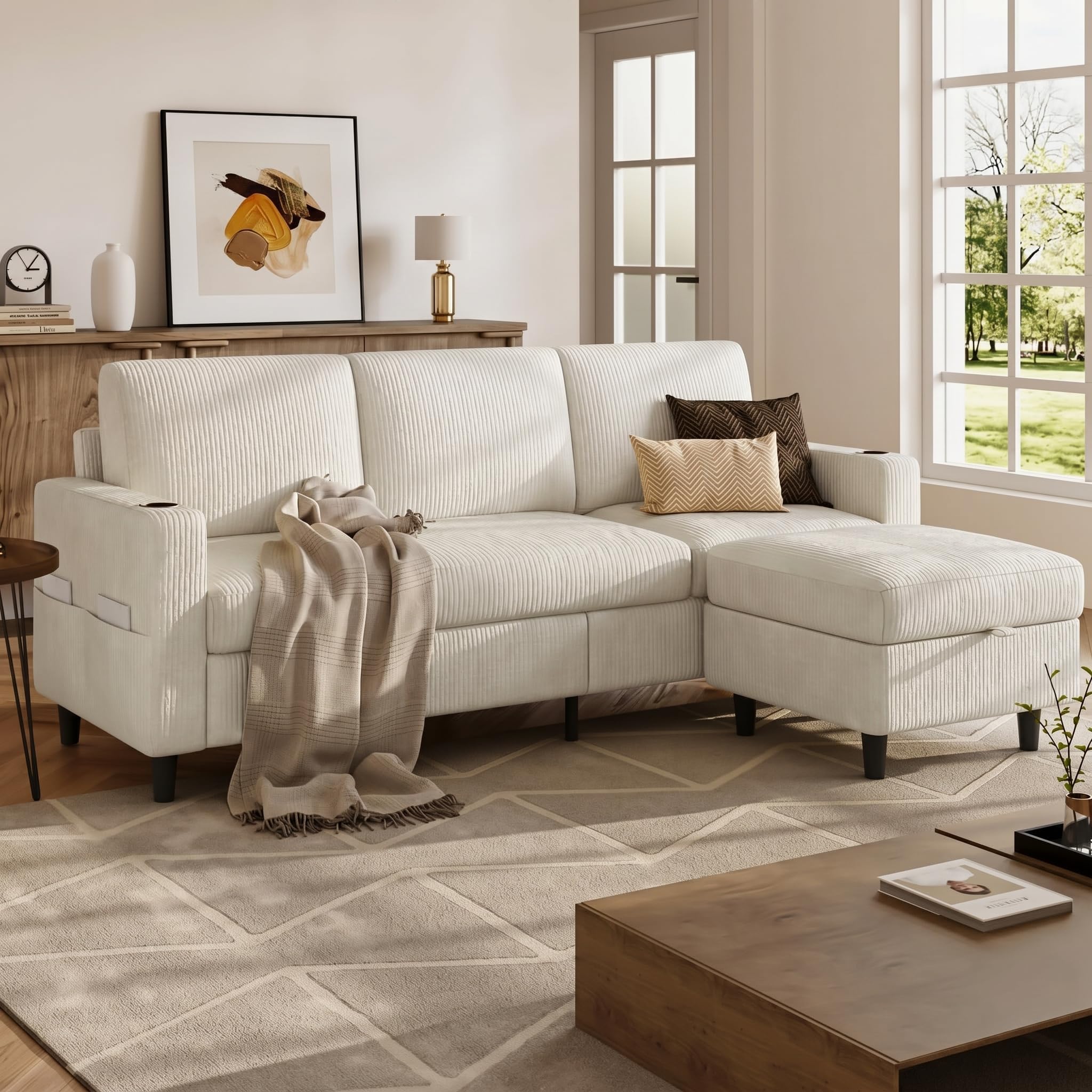 POYISOU Convertible Sectional Couches for Living Room, 3 Seats L Shaped Sofa with Storage Ottoman & 2 Cup Holders, Modern Corduroy Couch Small Sofas