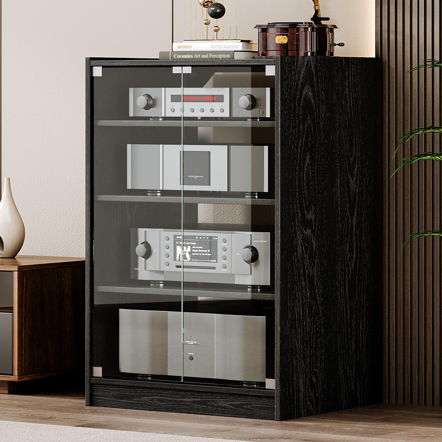 Modern Audio-Video Media Stand with 4 Height-Adjustable Shelves, AV Cabinet with Glass Doors,Media Storage Cabinet Storage for Entertainment Stereo Components for Living, Gaming, Recording Roomm,Black