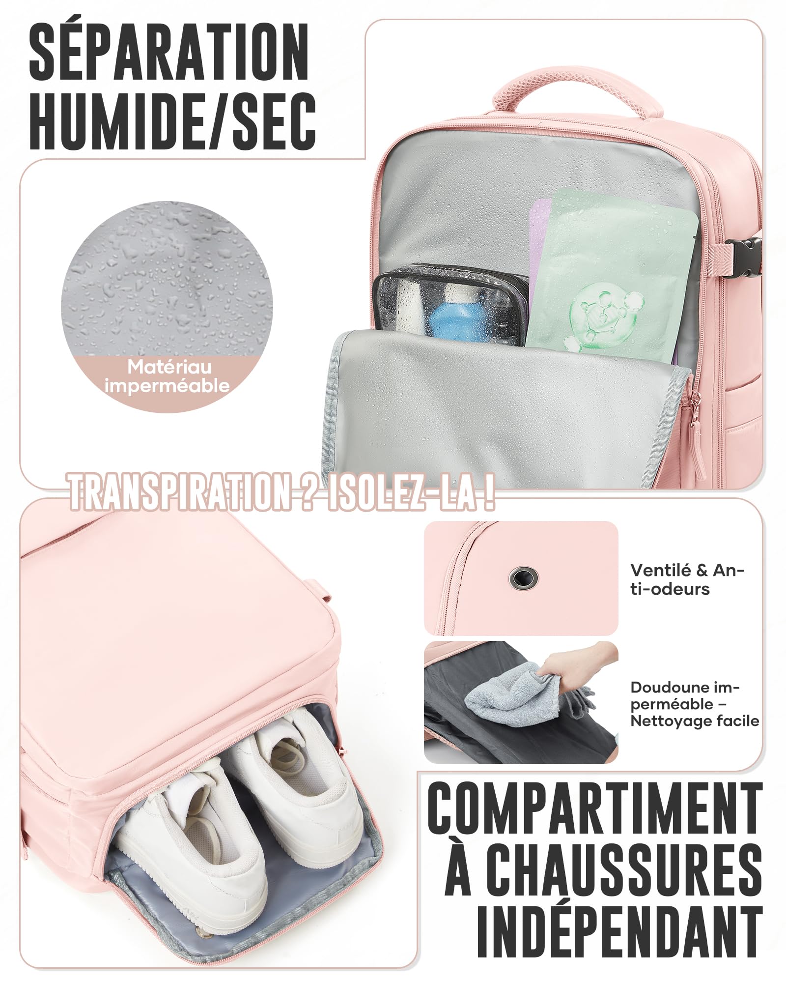 Sac a Dos Compression sous Vide Homme Femme Sac Airbag Travel sous Vide Imperméable Sac à Dos Voyage Cabine Avion 40x30x20 Saca Sos Ordinateur Portable 14 Pouces Port USB-Rose