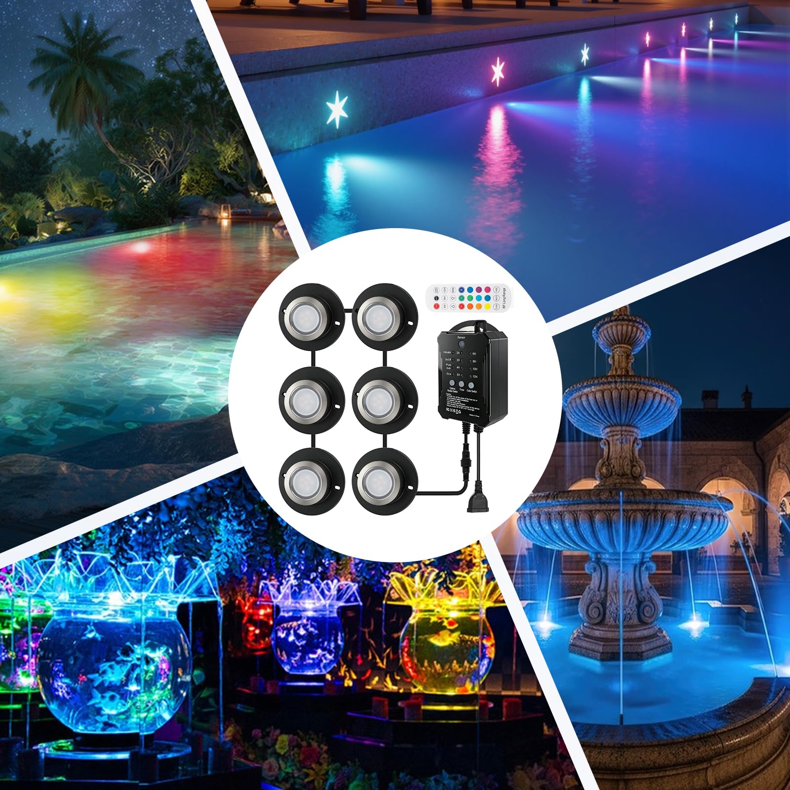 6 Stück Teichbeleuchtungs Set mit 4 Lampen und Fernbedienung für Teiche | RGB Unterwasserleuchten für die Landschaftsgestaltung IP68 wasserdicht und tauchfähig für Teiche Aquarien Gärten Pools