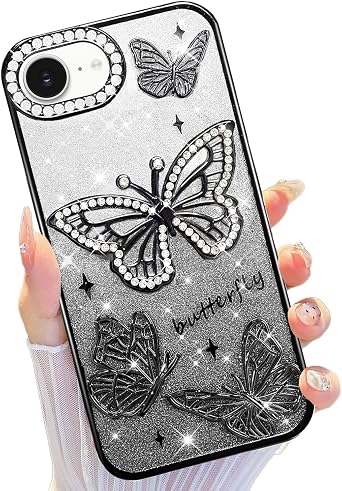 for iPhone 17e / iPhone 16E Glitter Case,Cute 3D Rhinestone Butterfly Case Luxury Bling Sparkle Plating,Anti-Scratch Soft TPU Slim Fit Shockproof Protective Phone Cases for Women Girls Black