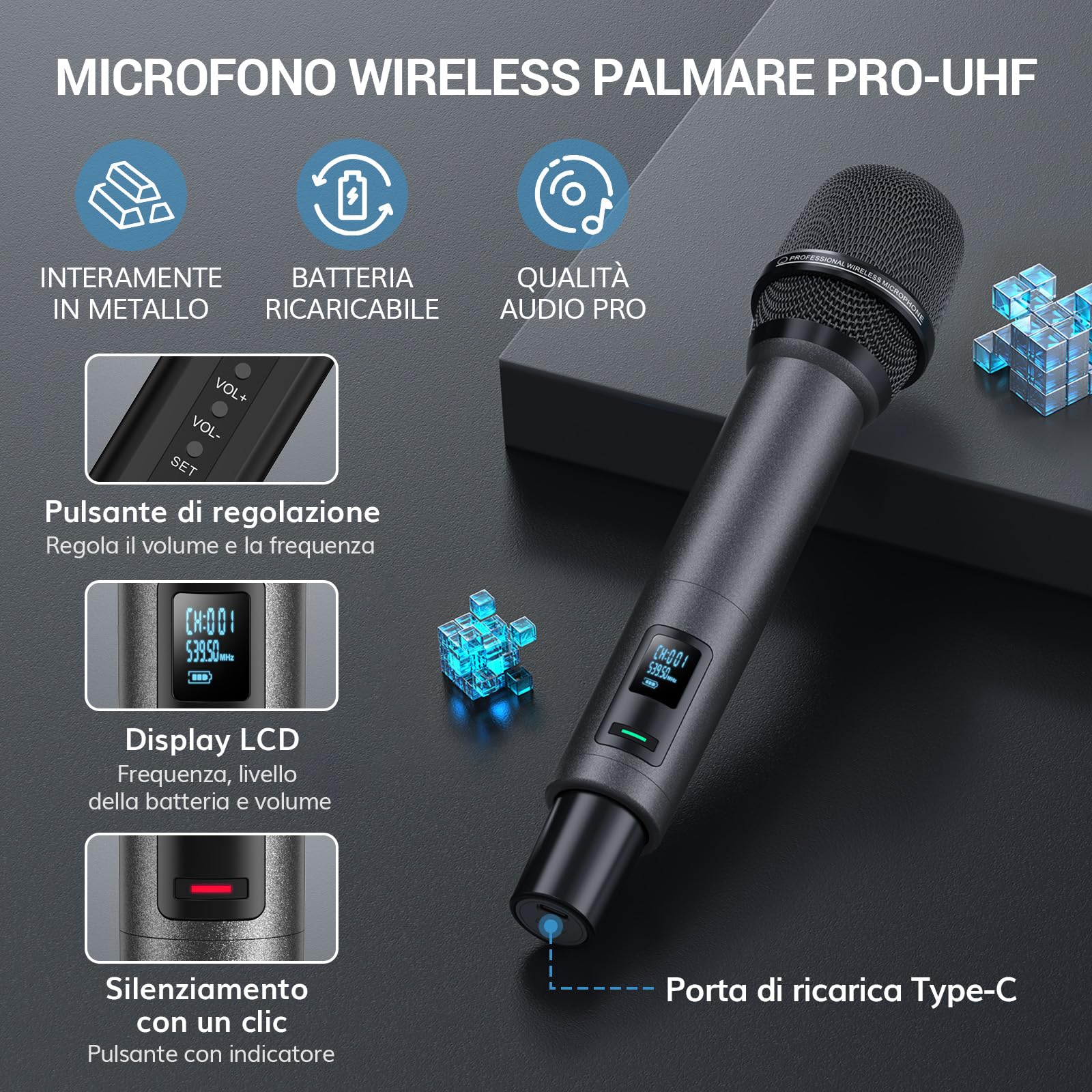 TONOR Microfono Wireless, Microfono Ricaricabile Professionale, Microfono Dinamico Cordless in Metallo 2x100 UHF per Karaoke, Chiesa, Canto, Matrimonio, Riunione, DJ, Volume Regolabile, 80 M,TW520