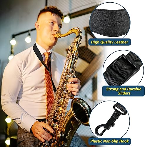 Miniatura 10 de Correa de cuello de saxofón Correa de saxofón de tela de algodón Gancho de metal cerrado con anillo de goma Deslizador de cinco agujeros Longitud