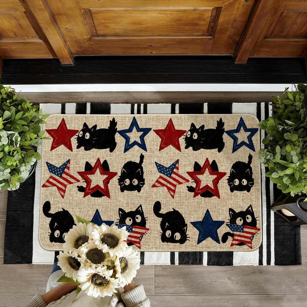 Artoid Mode Star Black Cat 4TH of July Doormat, Patriotic Memorial Day Home Decor Low-Profile Switch Rug Door Mat Floor Mat for Indoor Outdoor 17x29 Inch