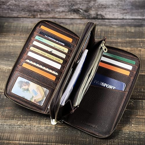 Vista 2 de CataPurus Serie de cartera de cuero genuino de grano superior, Café rojo - Actualizado - Cierre de cremallera, Vintage