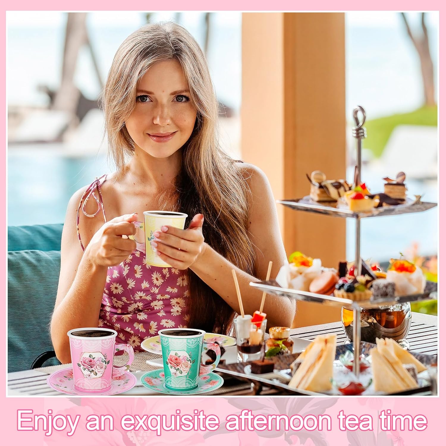 Zopeal 150 Pcs Tea Party Decorations 9 oz Paper Tea Cups and 5 Inch Plates Disposable Cups with Handle Floral Paper Saucers Sets for Birthday Wedding Party Supply