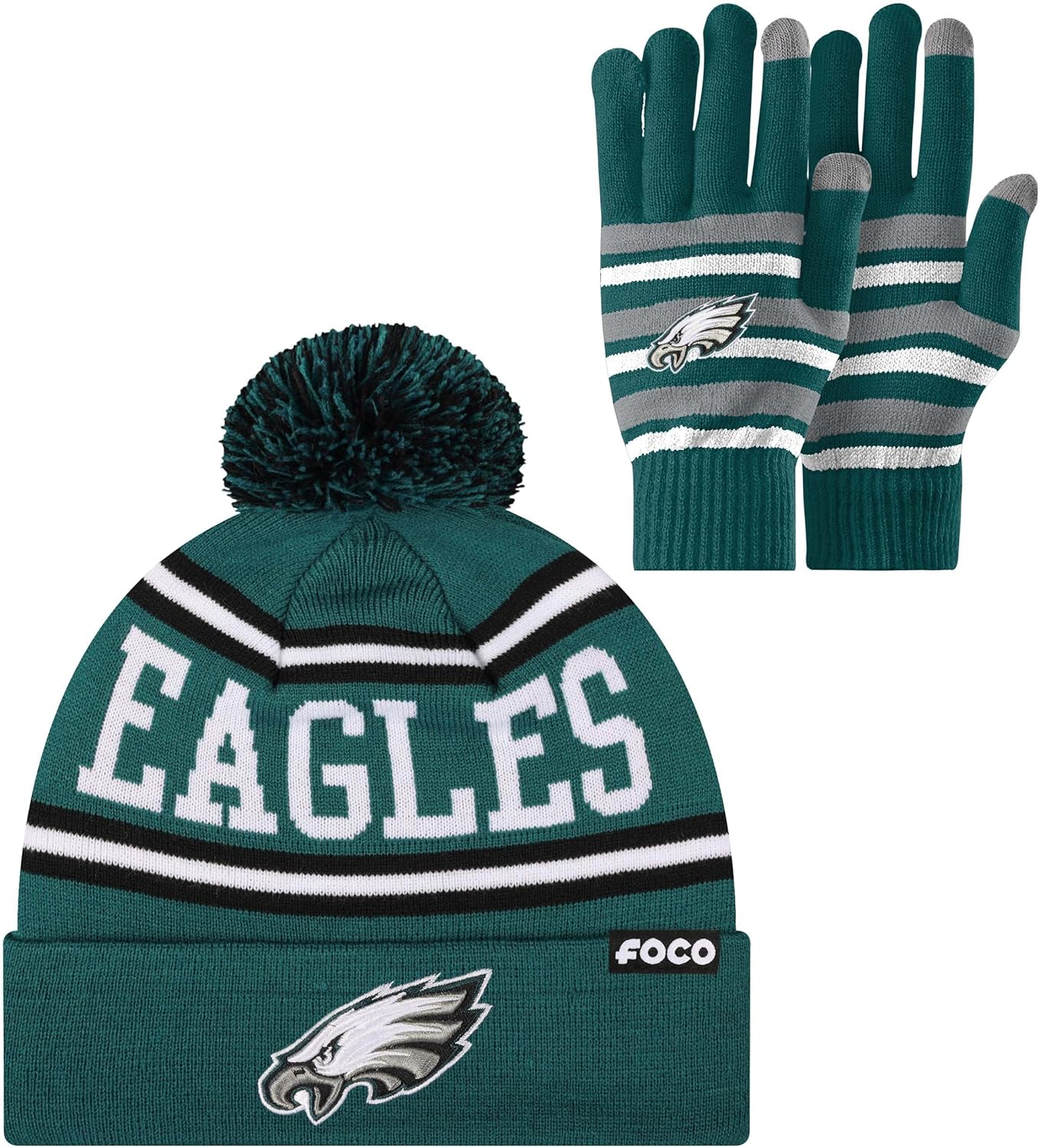 FOCO NFL unisex-adult Nfl Team Logo Adult Stretch Gloves With Stripe Pom Winter Knit Hat Beanie Set