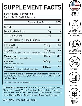 Electrolytes Powder Hydration | Real Food High Potency | Lemon Lime 30 Servings | High Potency Electrolyte Powder | Hydration Drink Mix | Electrolyte Supplement with Potassium Magnesium Calcium