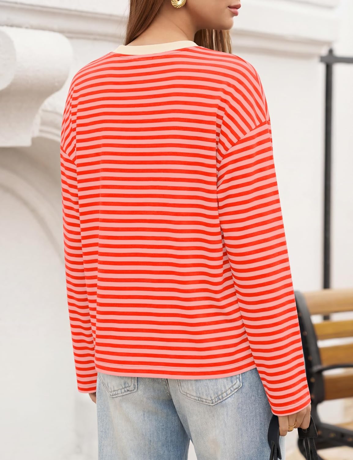 LOMON Striped Long Sleeve Shirt Women Y2k Oversized Crewneck Fall Spring Drop Shoulder Vintage Tops Teen Girl Clothes - Image 4