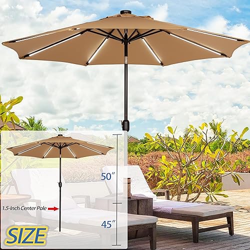 Miniatura 6 de Sunnyglade Sombrilla solar de patio con luz LED para exteriores de 9 pies con 8 tiras de luces LED y 8 varillas, práctico sistema de elevación de