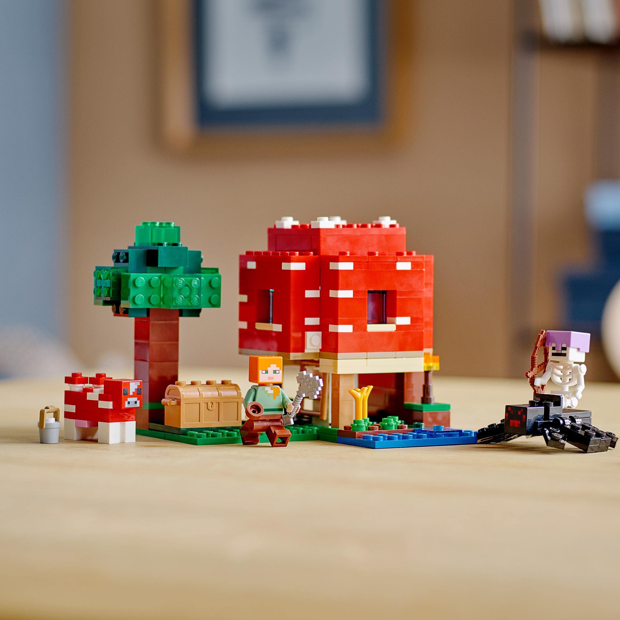 LEGO Minecraft La Casa-Champiñón, Juguete de Construcción, Idea de Regalo para Niños y Niñas de 8 Años o Más con Figuras de Alex, Champiñaca y Jinete Arácnido 21179