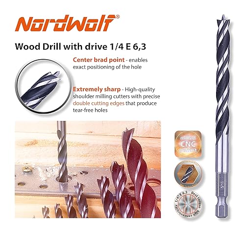 Miniatura 3 de NordWolf Juego de 12 brocas con punta Brad para carpintería de madera, diseño de dobles hélices con vástago hexagonal de 14 pulgada, tamaños SAE de