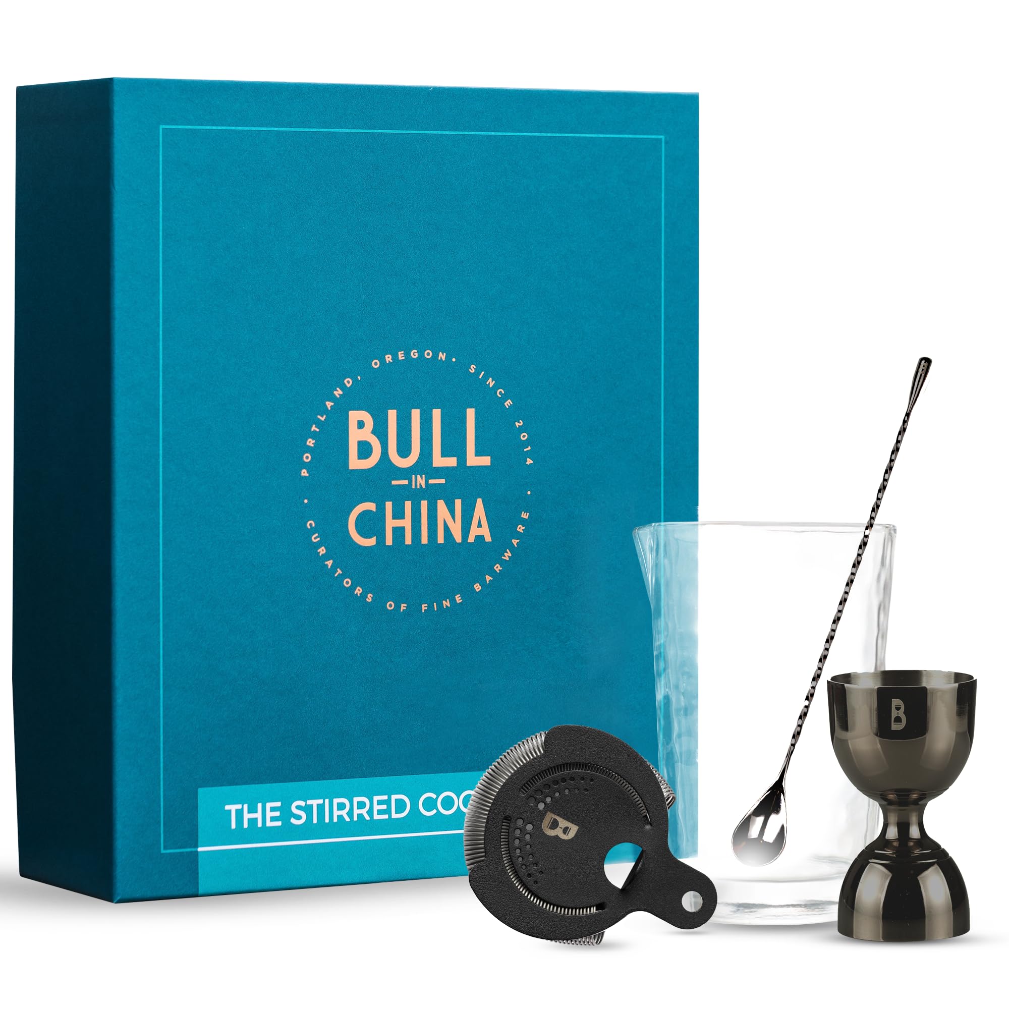 Bull in China Premium Cocktail Stirred Kit: Unleash Your Inner Bartender! | Flagship Mixing Glass, 12 inch Teardrop Barspoon, Bell Jigger, and Hawthorne Strainer (Gunmetal Black)