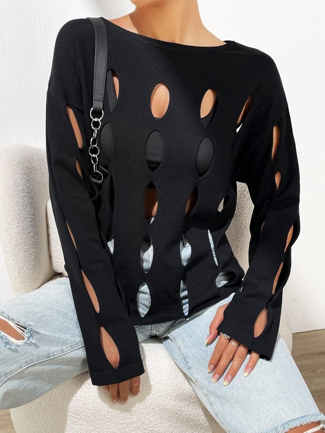 Women's Sweater Cut Out Drop Shoulder Sweater Sweater for Women (Color : Black, Size : Medium)