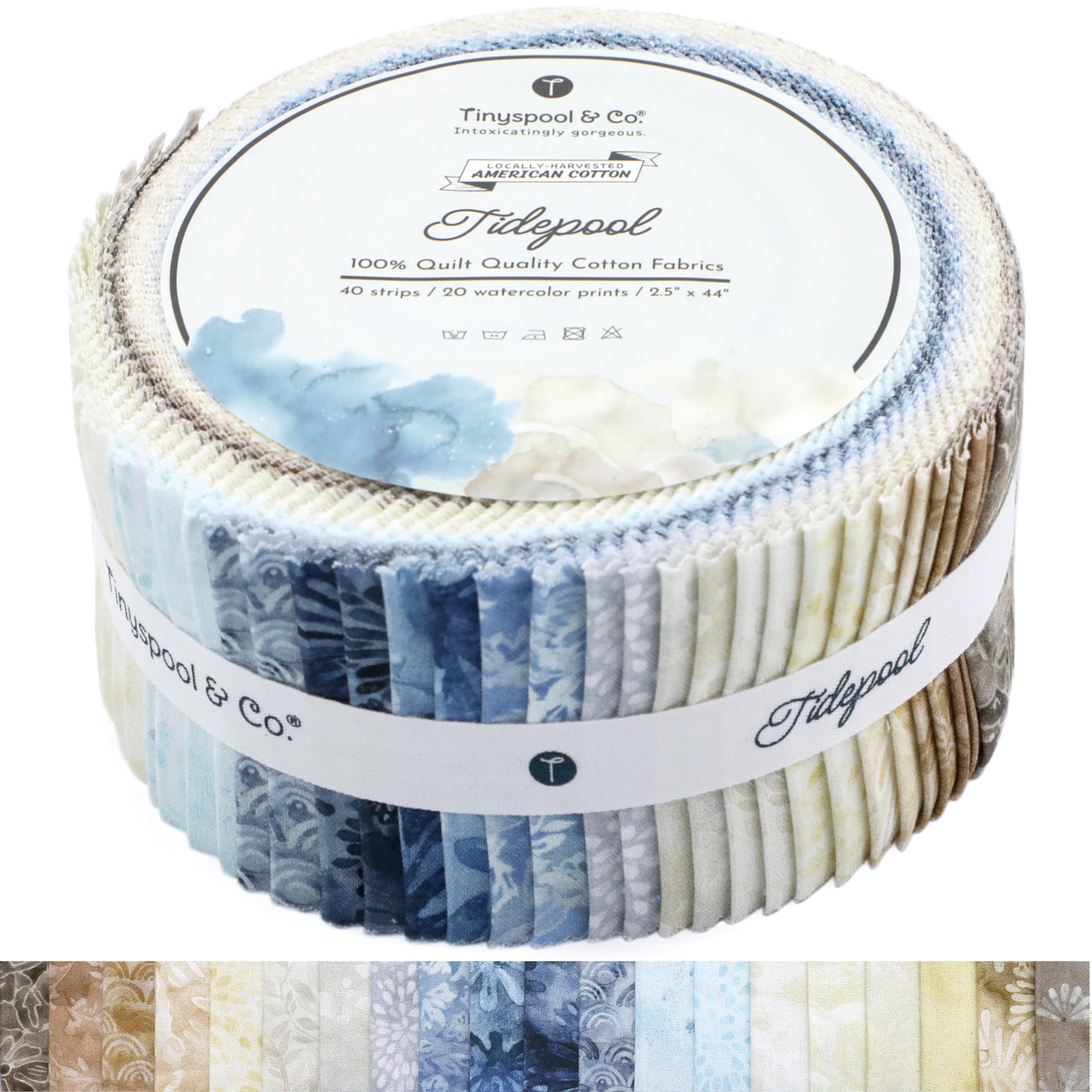 Tinyspool & Co. Jelly Roll Fabric Strips for Quilting, Crafting, and Sewing, 40 Strip Assorted Bundle, Soft Cotton for Blanket, Rug, Upholstery, Home Decor, and Purse Making, Tidepool