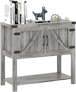 HOMCOM Farmhouse Double Door Coffee Bar Cabinet, Console Table, Sideboard Buffet Cabinet with Bottom Shelf for Entryway, Living Room, Stone Gray