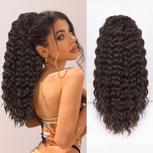 Miniatura 16 de QGZ Extensión de cola de caballo con cordón para mujeres negras de 18 pulgadas, cola de caballo afro sintética larga y rizada para uso diario