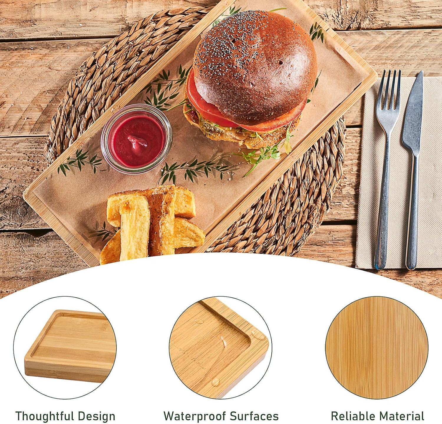Lote de 10 bandejas rectangulares de madera de bambú, 28 x 10 cm, para desayuno, café, té, vino, frutas, postres, comidas y restaurante