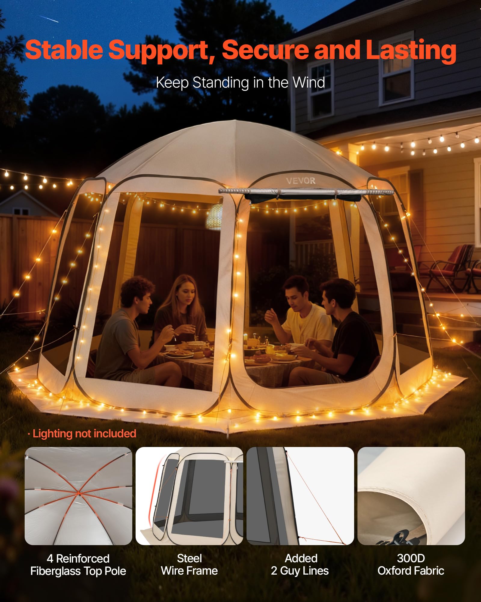 VEVOR Carpa Plegable con Mosquitera, 3660 x 3380 x 2300 mm, 10-12 Personas, Polígono de 8 Lados, con Toldo Extensible, Bolsa de Transporte, Laterales de Malla, para Actividades al Aire Libre, Beige