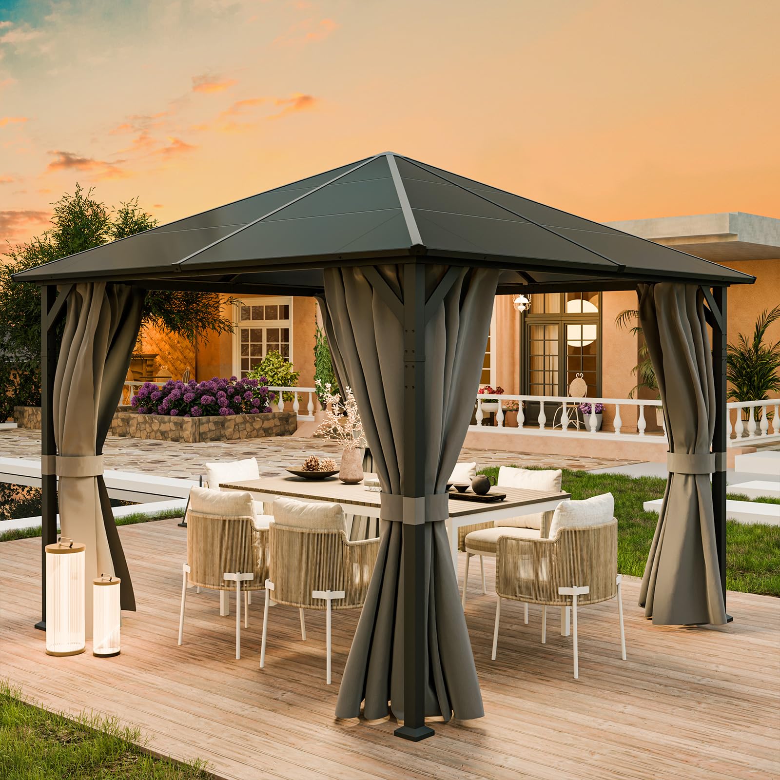 UDPATIO Tonnelle de Jardin 3x3m Imperméable - Toit UV Résistant avec Rideaux, Tonnelle Stabilisée pour Jardin, Terrasse (Gris)