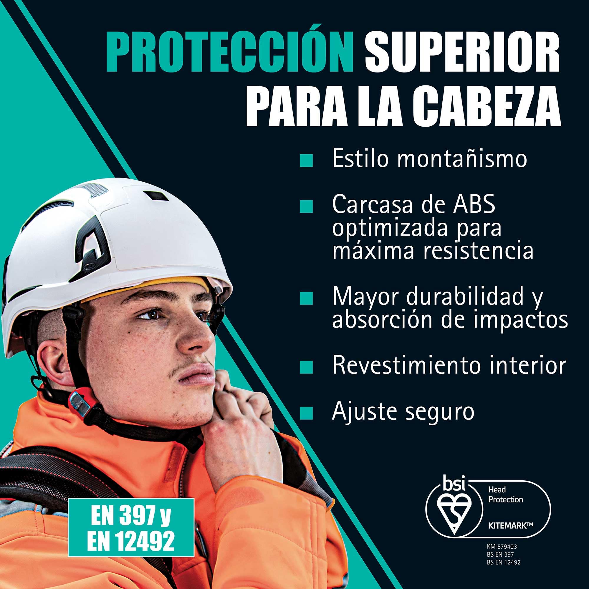 JSP EVO Alta DualSwitch Casco Premium ABS Obra y Altura, Blanco | Alterna entre protección EN 397 industrial y EN 12492 de altura. Carcasa ABS. EN 50365 certificado.