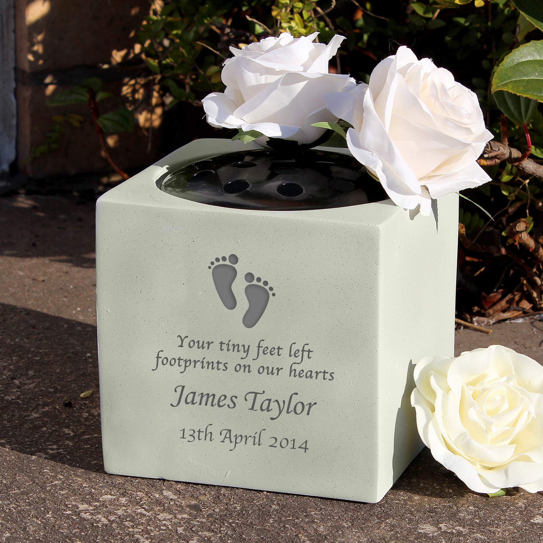 Personalised Memento White Custom Personalised Footprints Memorial Graveside Flower Holder Vase Rose Bowl Engraved With Custom Message
