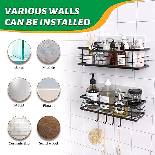 Miniatura 7 de Paquete de 2 organizadores de ducha negros  Estantes adhesivos de ducha de gran capacidad, accesorios de baño de fácil instalación con 4 ganchos