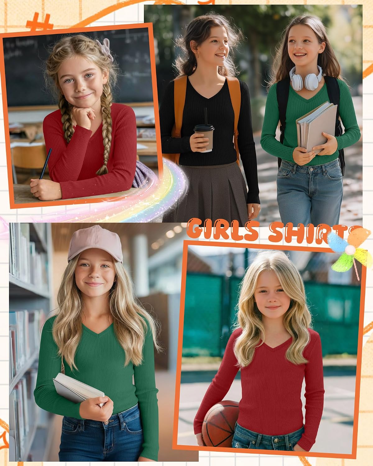 3 Pack Girls Long Sleeve Cotton Shirts Ribbed Knit Layering Tops Slim Fit V Neck Basic Undershirts