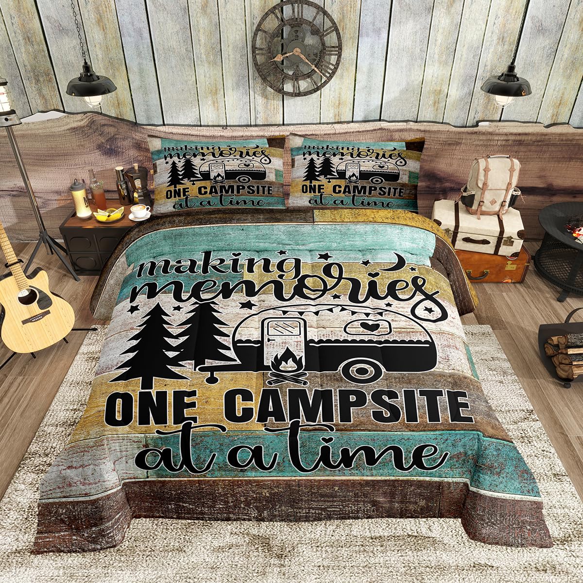 Camper Theme Comforter Set Brown Green Wooden Cabin Bedding Set King Size 3pcs,Kids Boys Girls Room Decor Black Camping Car Sketch Quilted Duvet Men