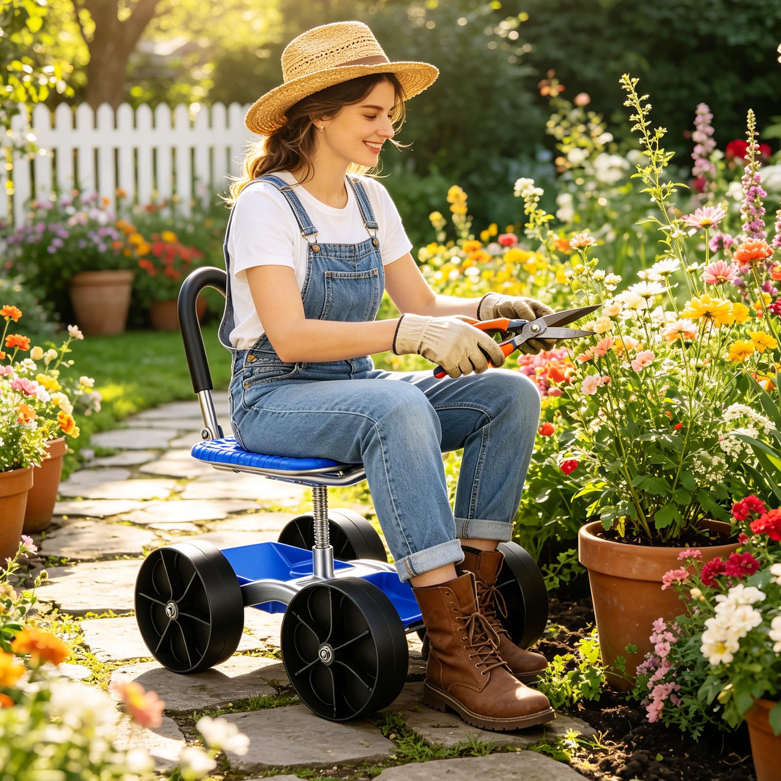 Sgabello Giardino, Carrello Giardino con Ruote Sedile Mobile Panca Lavori in Ginocchio Carrello Girevole a 360° Altezza Regolabile Sgabello Mobile con Maniglia e Vano Portaoggetti Portata fino a 150kg