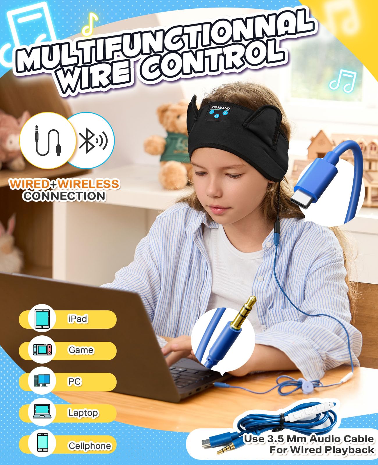 Cuffie per bambini con fascia per iPad, cuffie Bluetooth per bambini con riproduzione cablata jack da 3,5 mm, essenziali per viaggi in aereo per ragazzi e ragazze