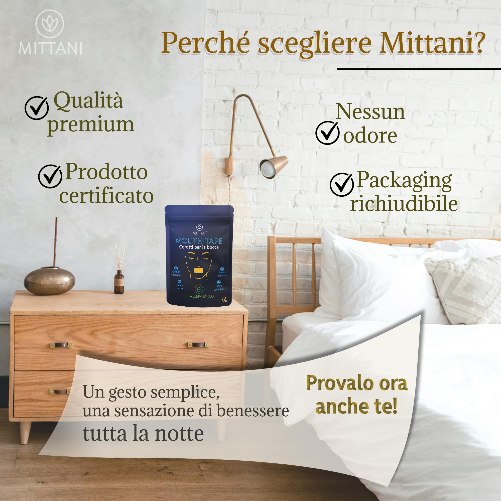 MITTANI® Mouth Tape, Cerotti Bocca per Dormire, Antirussamento, Respira Bene per Dormire Profondamente la Notte, Migliora la Qualità del Sonno Favorendo la Respirazione Nasale