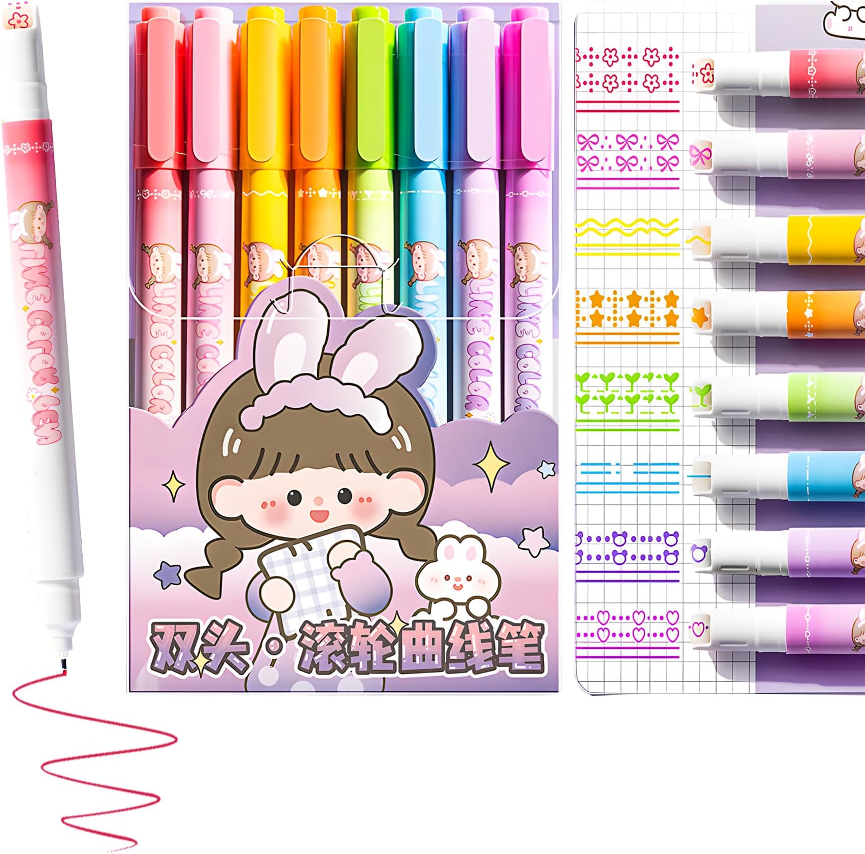 WISHKEY Plastic 2 in 1 Colorful Pen Set with Stamp, Roller Stamp Curve Highlighter Pen Set, Adorable Designs, Smooth Operation, Fancy Pen for Girls, Stationery Gift for Kids, Multicolor, (Pack of 8)