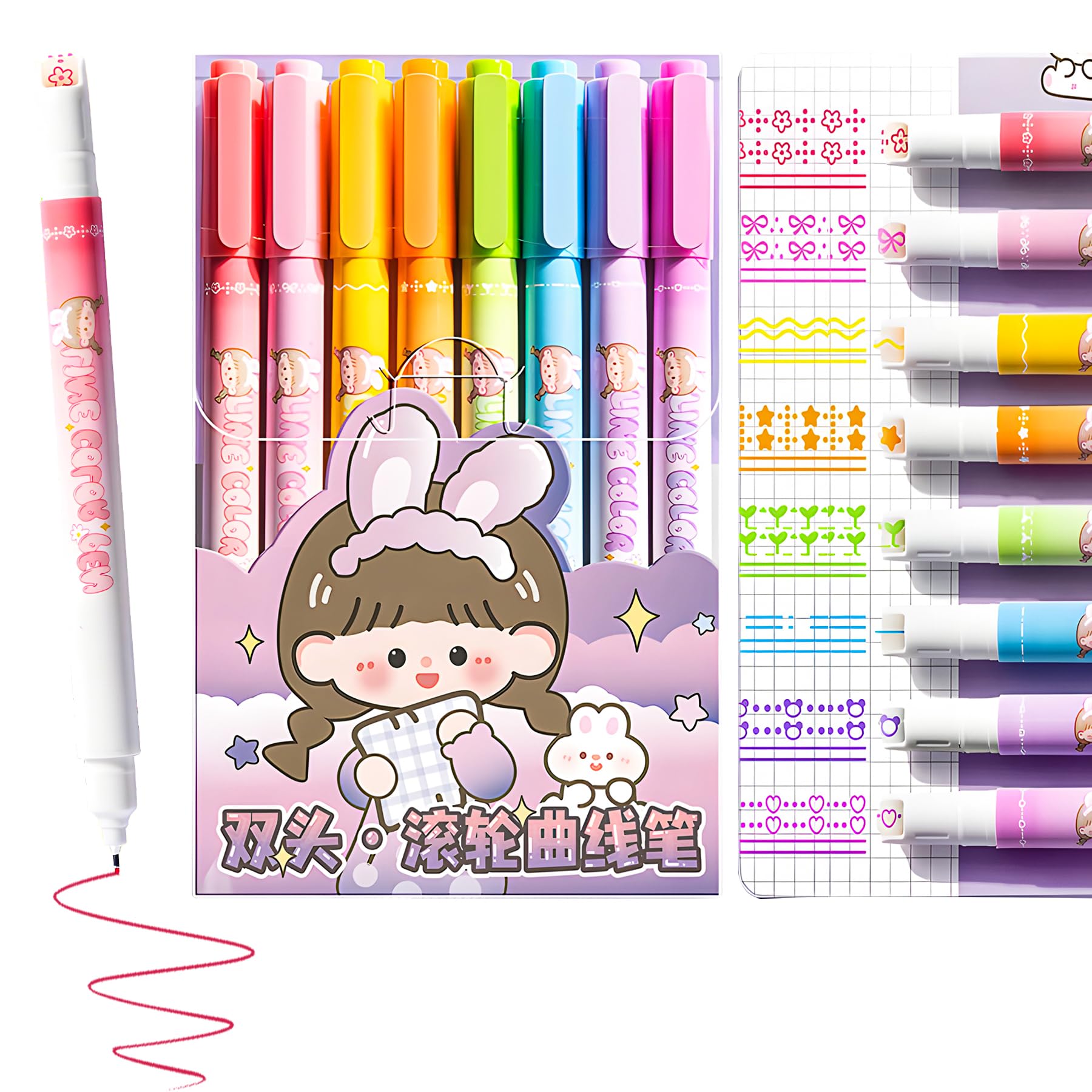 WISHKEY Plastic 2 in 1 Colorful Pen Set with Stamp, Roller Stamp Curve Highlighter Pen Set, Adorable Designs, Smooth Operation, Fancy Pen for Girls, Stationery Gift for Kids, Multicolor, (Pack of 8)