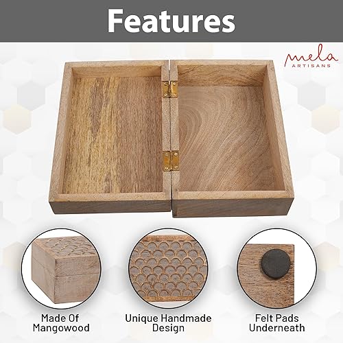 Miniatura 4 de Mela Artisans Caja de madera festoneada (grande)  Caja decorativa gris quemada con almohadillas de fieltro debajo y tallado de madera  Caja de