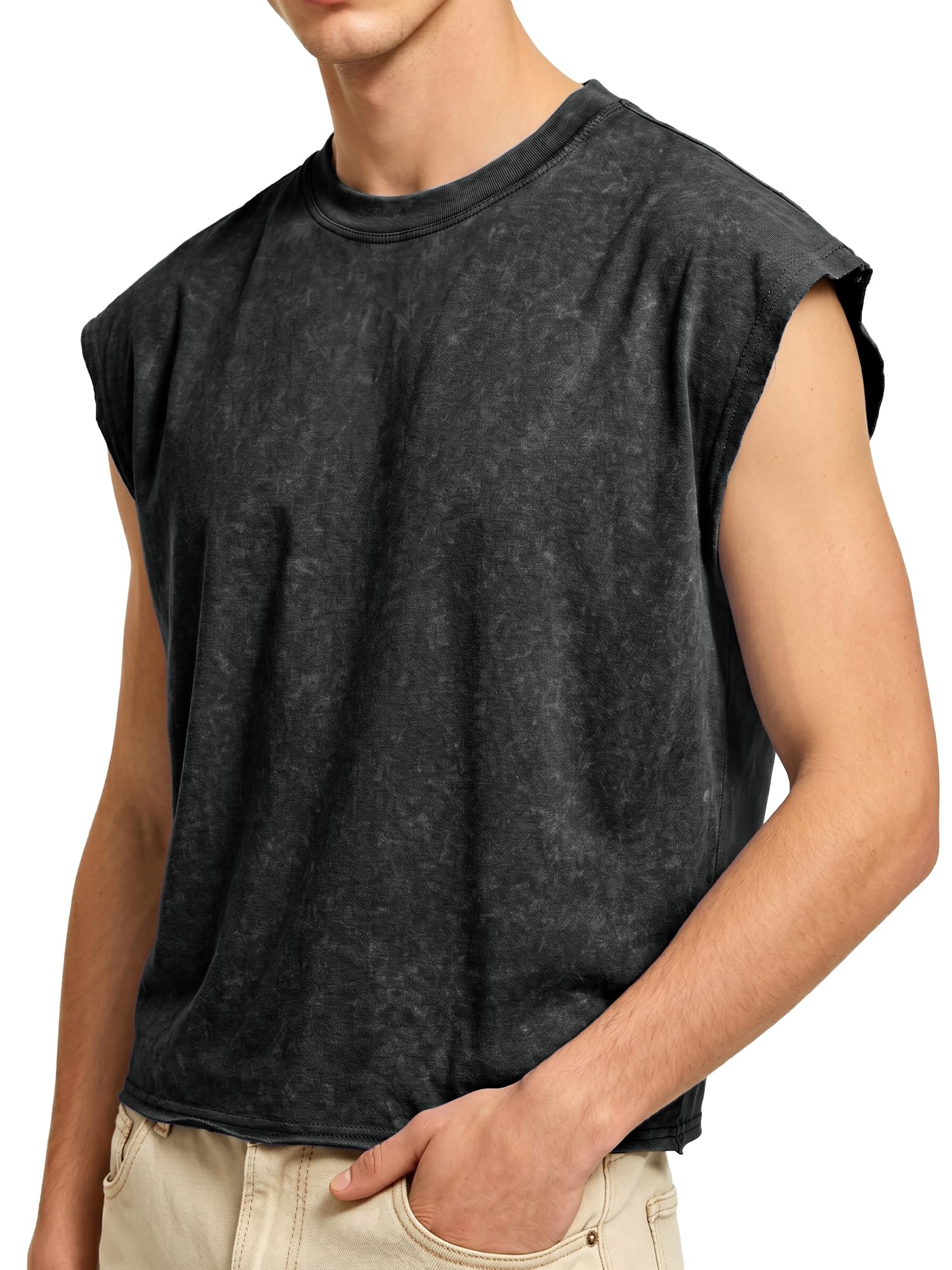 PLEPAN Men's Cropped Tank Tops Sleeveless Washed T Shirts