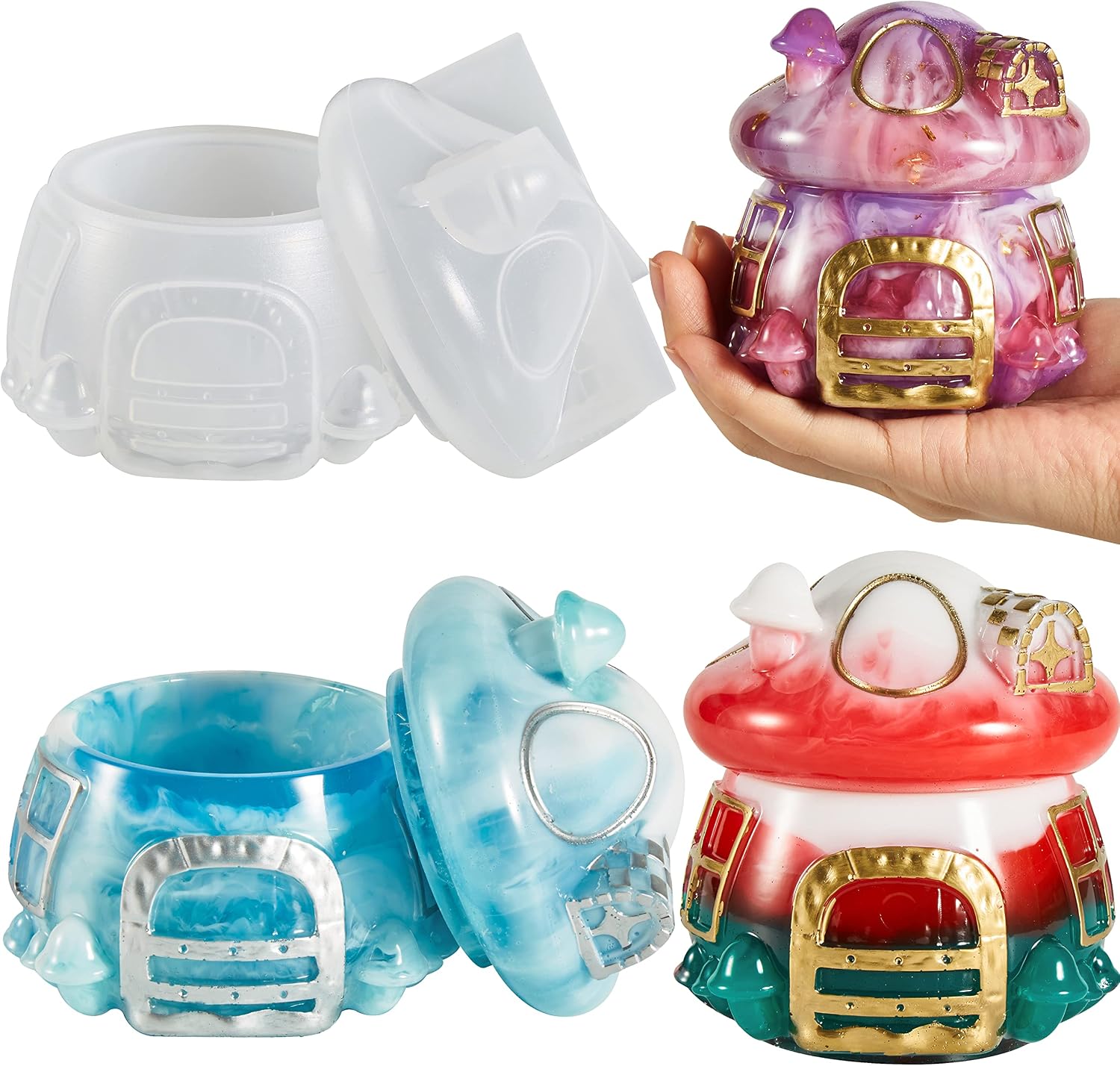 ISSEVE Jars Resin Molds, Mushroom House Jar Silicone Molds with Lid,Resin Jar Silicone Molds for Storage Box, Candy Jewelry Container, Home Decoration, DIY Resin Epoxy Casting Craft