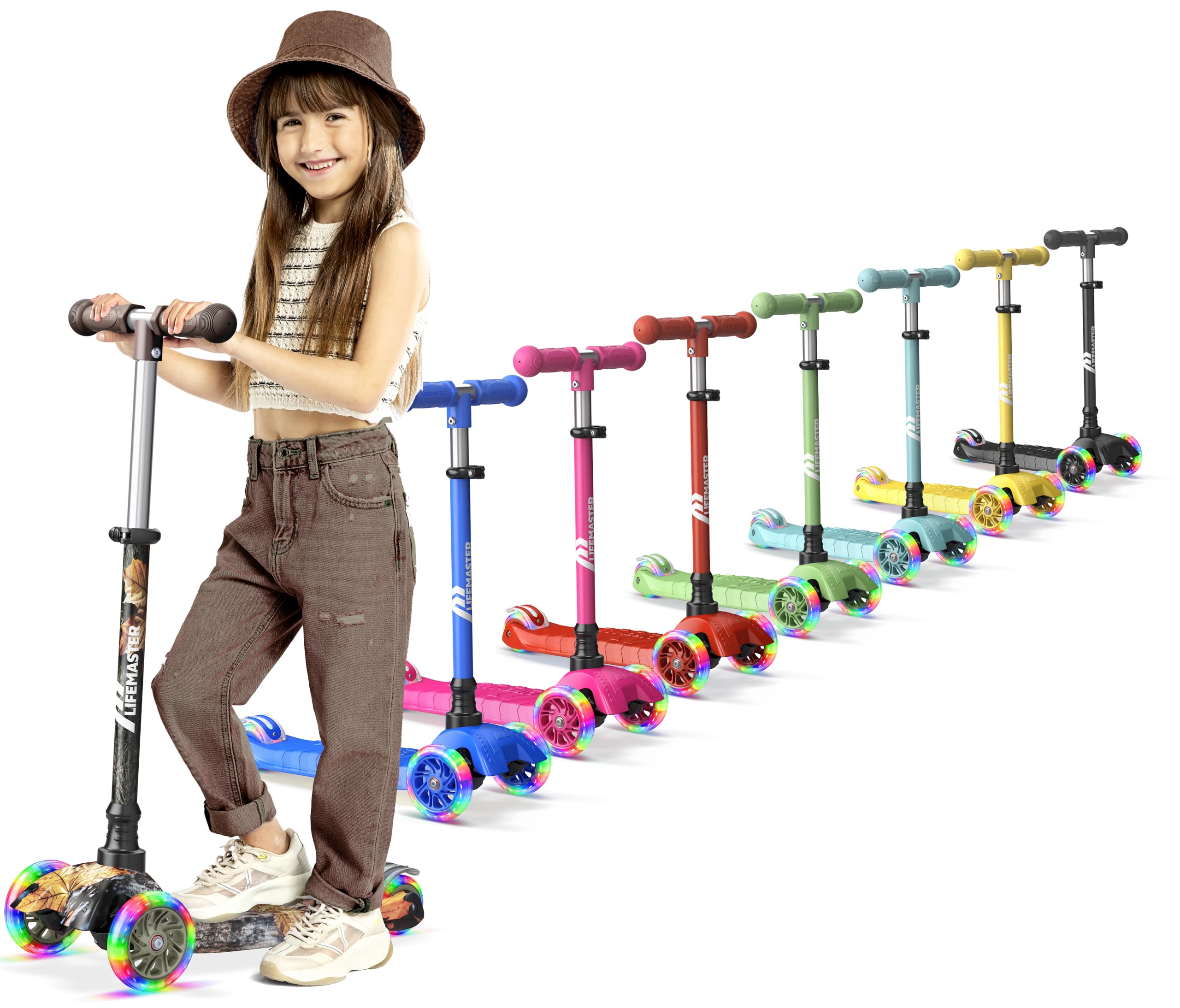Lifemaster Mini 3-Wheel Kids Scooter with Multi-Color Wheel Lights – 4-Height Adjustable Handlebar, Wide Anti-Slip Deck, Child Safety Certified, Boys & Girls Ages 2+ Supports Up to 110 lbs