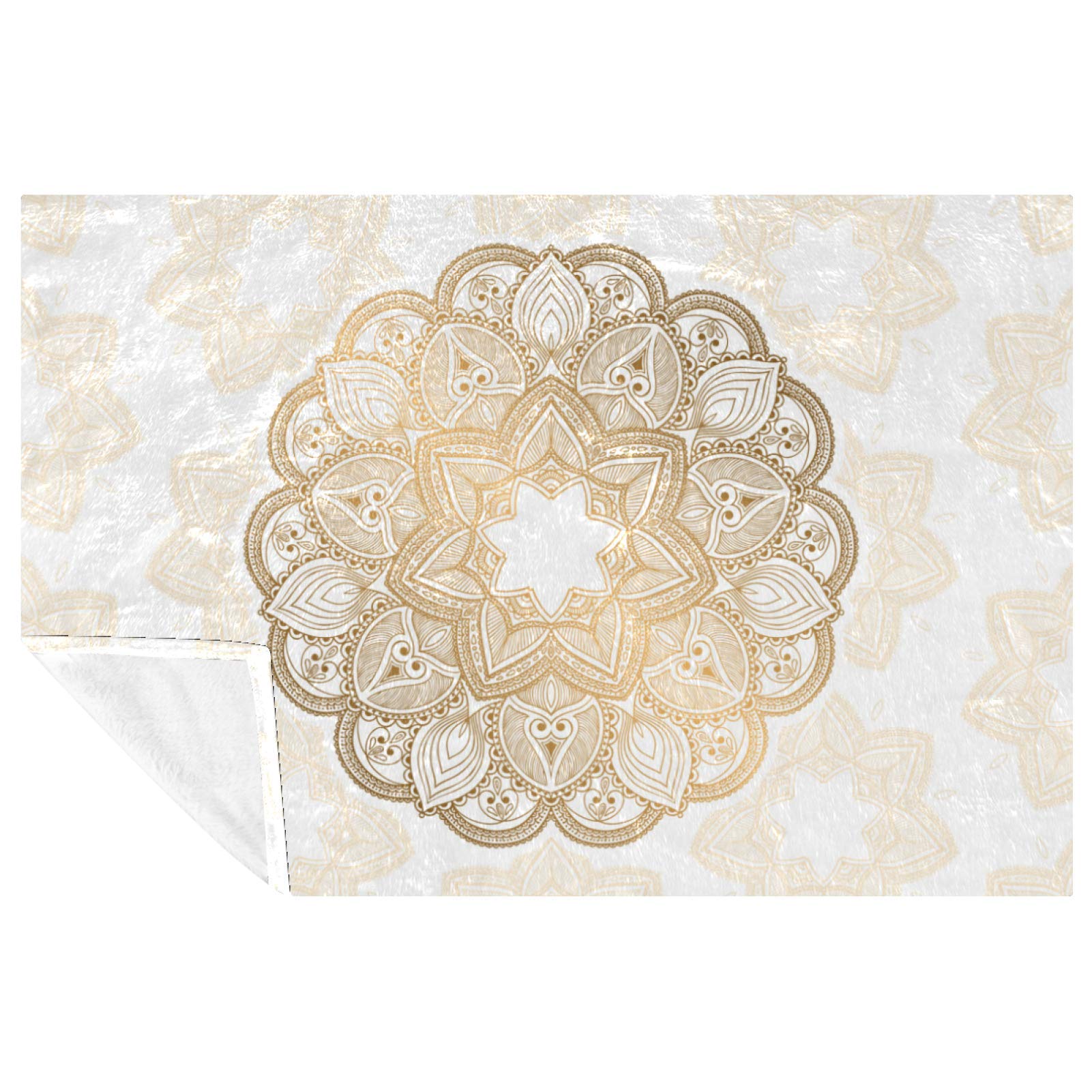 Couverture motif mandala doré 150x100 cm blanche pour lit et canapé