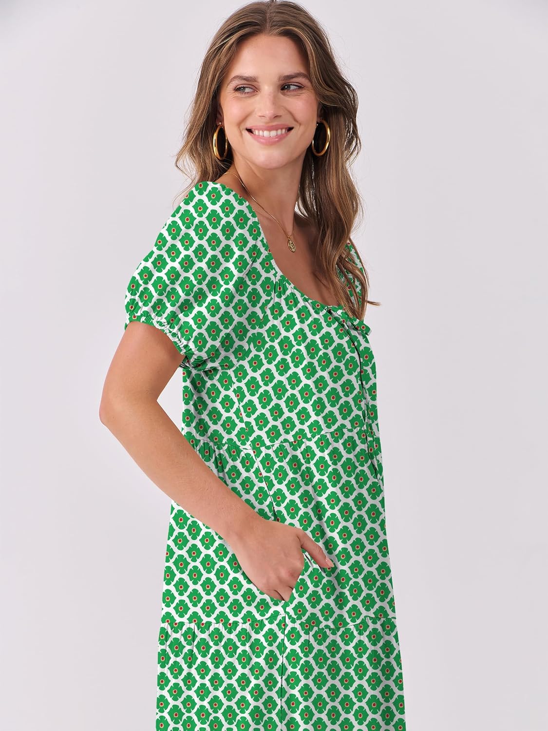 ANRABESS Women's Boho Maxi Dresses 2025 Summer Casual Floral Puff Short Sleeve Tie Front Flowy Swing Tiered Long Beach Dress - Image 5