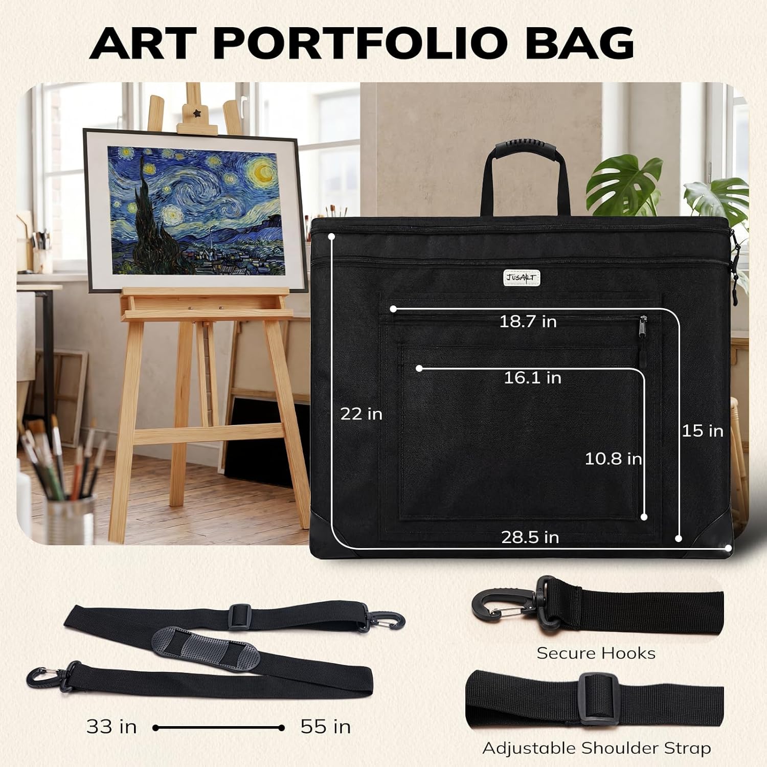 JusArt Art Portfolio Bag, 20x26 Light Weight Portfolio Folder Case with Adjustable Shoulder Strap, Leather Corners, Waterproof Art Bag for Artists and Students for Artwork, Poster, Sketching, Drawing