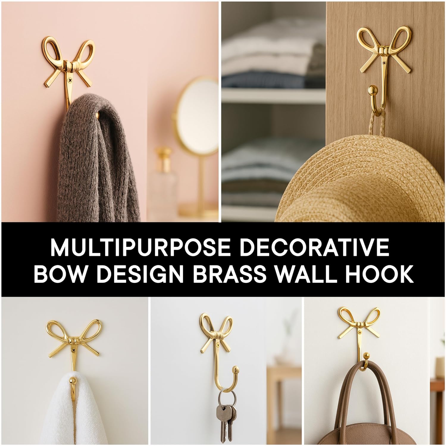 Indian Shelf 3 Solid Brass Bow Wall Hooks for Coats, Bags and Towels