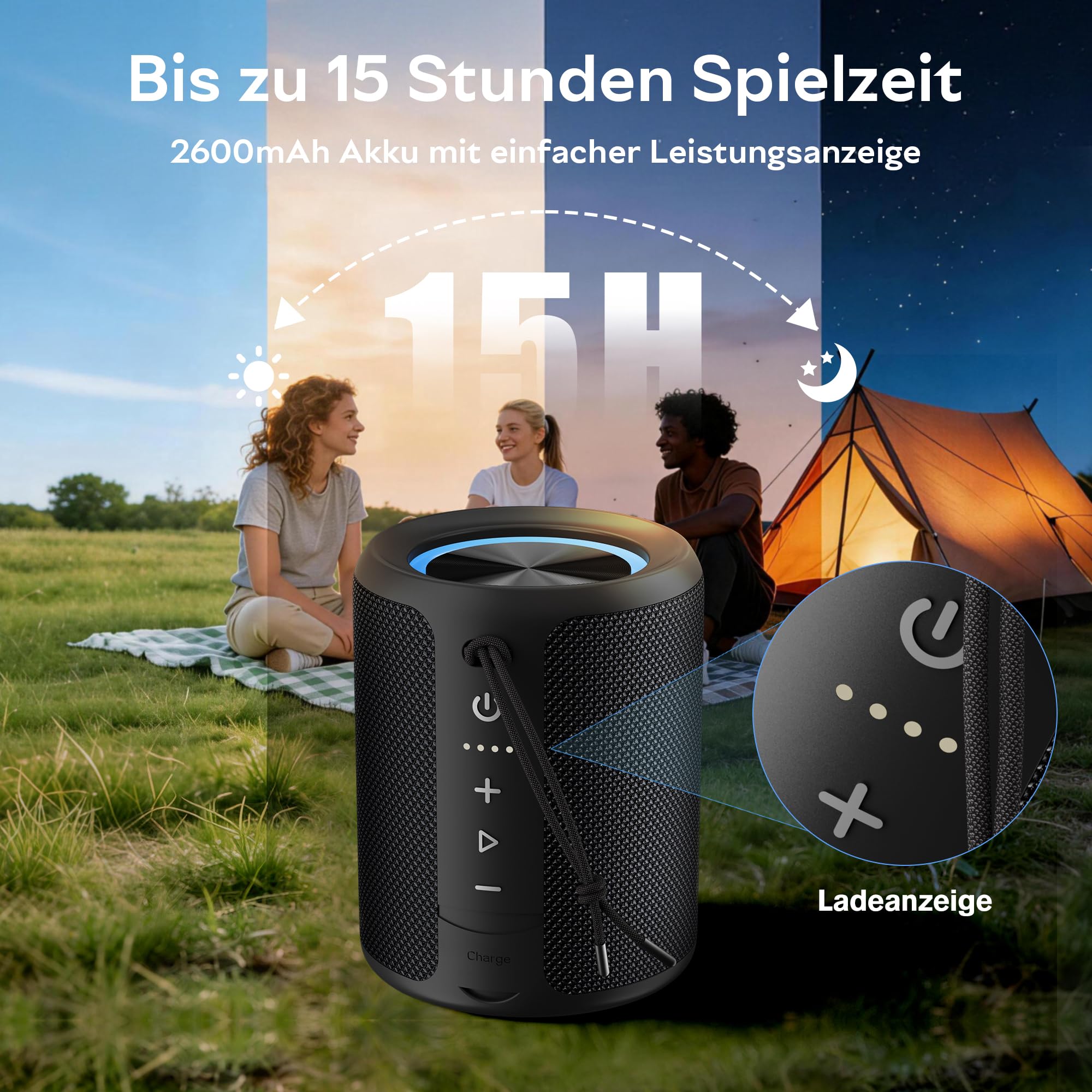Bluetooth Lautsprecher, Tragbarer Lautsprecher Kabelloser mit IPX7 wasserdicht, Fantastischer Sound, Staub- und stoßfest, 30H Akkulaufzeit, schwimmfähig, für drinnen, draußen, Wandern