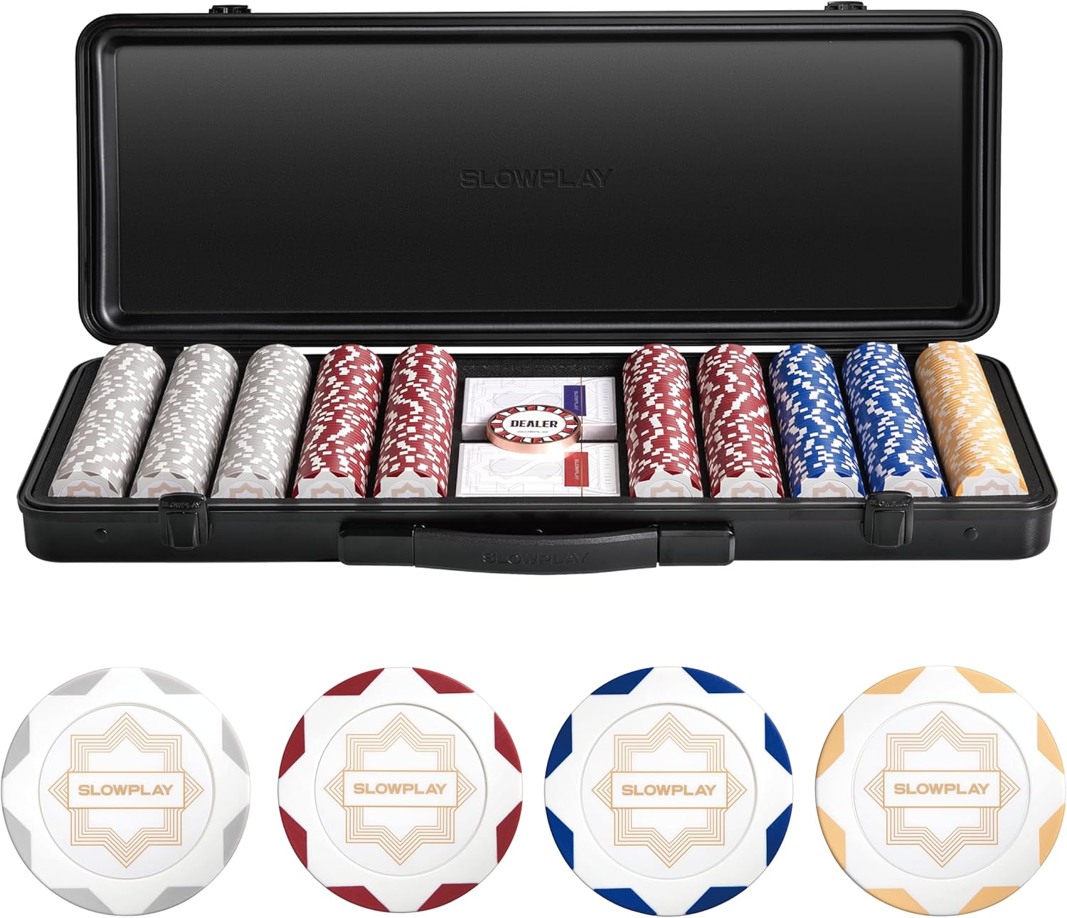 SLOWPLAY 14g Clay Poker Chips Set for Texas Hold'em, 500 PCS, with Numbered Values, Art Deco Style, and Carrying Case