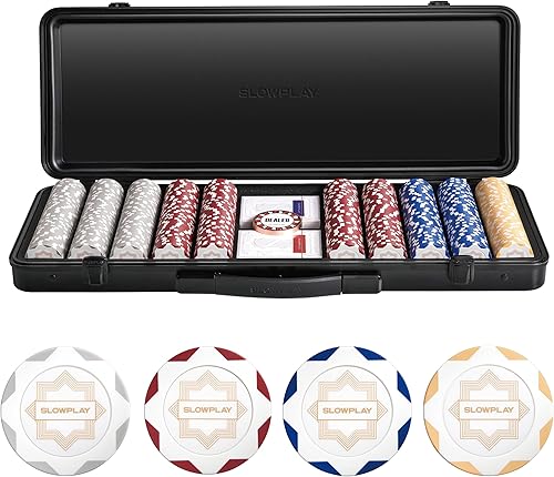 Vista 11 de SLOWPLAY Juego de fichas de póker de 14g de arcilla para Texas Hold'em, 500 piezas, con valores numerados, estilo Art Deco, y estuche de transporte