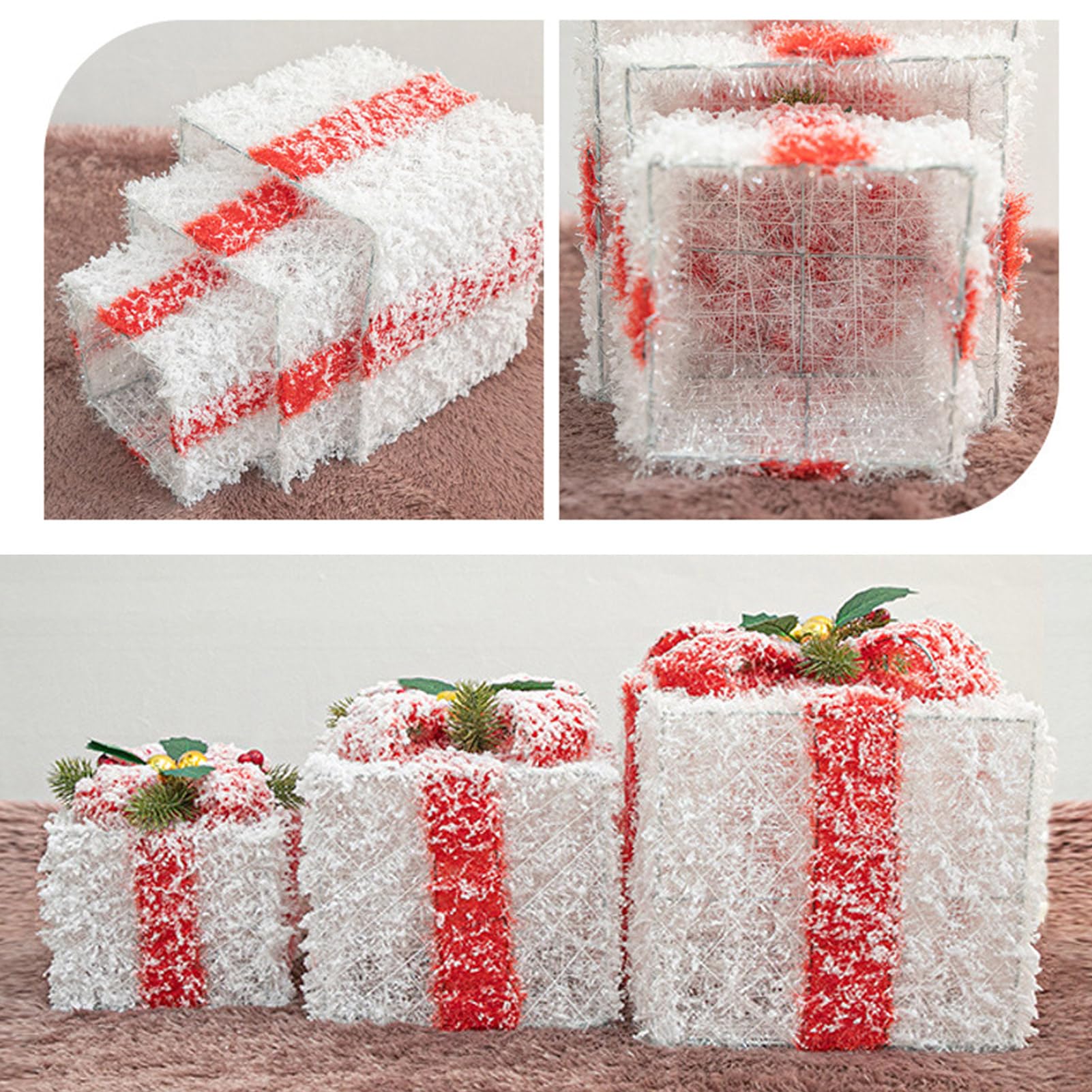 Set di 3 scatole decorative, decorazioni per albero di Natale, scatole regalo con fiocchi, per vacanze al chiuso e all'aperto